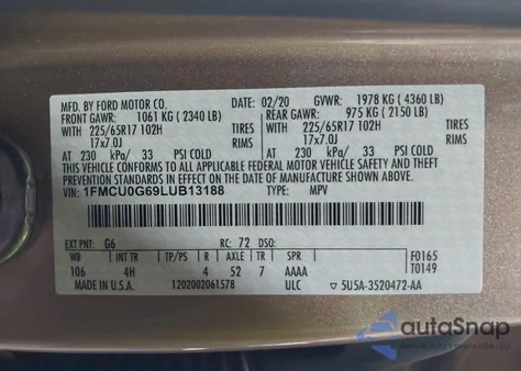 2020 Ford Escape Se из США, поврежденный, VIN 1FMCU0G69LUB13188